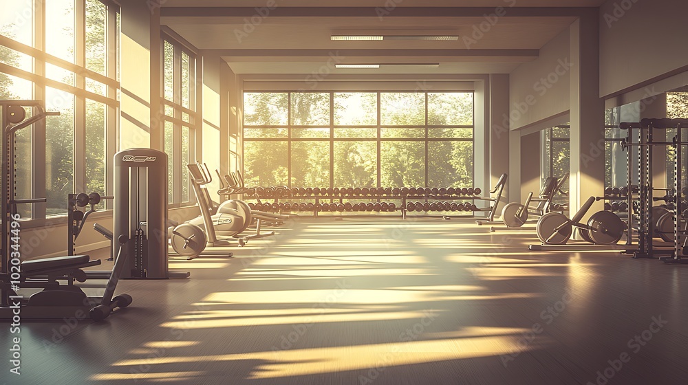 Modern gym interior, empty and illuminated by sunlight, neat arrangement of equipment, soft shadows, high-tech workout machines, minimalistic design, large windows, neutral colors, Modern gym interior, empty and illuminated by sunlight, neat arrangement of equipment, soft shadows, high-tech workout machines, minimalistic design, large windows, neutral colors,