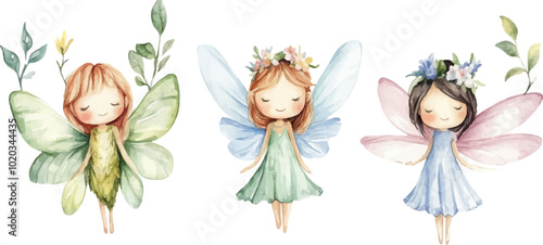 Watercolor cute cartoon fairy white background
