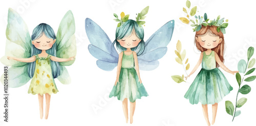 Watercolor cute cartoon fairy white background