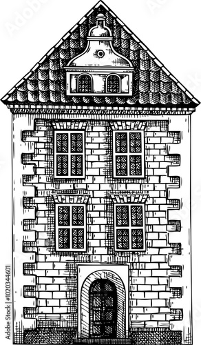 European city architecture sketch. Hand-drawn vector illustration. Traditional old building drawing. Vintage style town house design element