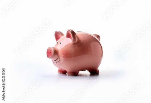 A pink piggy bank with a smiling face sits on a white background.