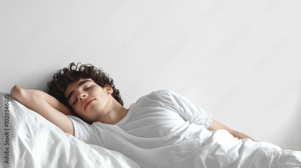 Young man sleeping on a plain white mattress resting conveying a calm and peaceful smile expression as he falls asleep in his most comfortable position.