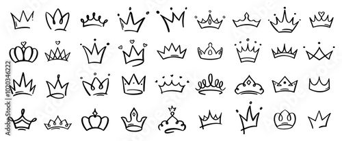 Crown. Hand drawn doodle crowns, including majestic king and queen crowns, each embodying royal elegance and artistic flair