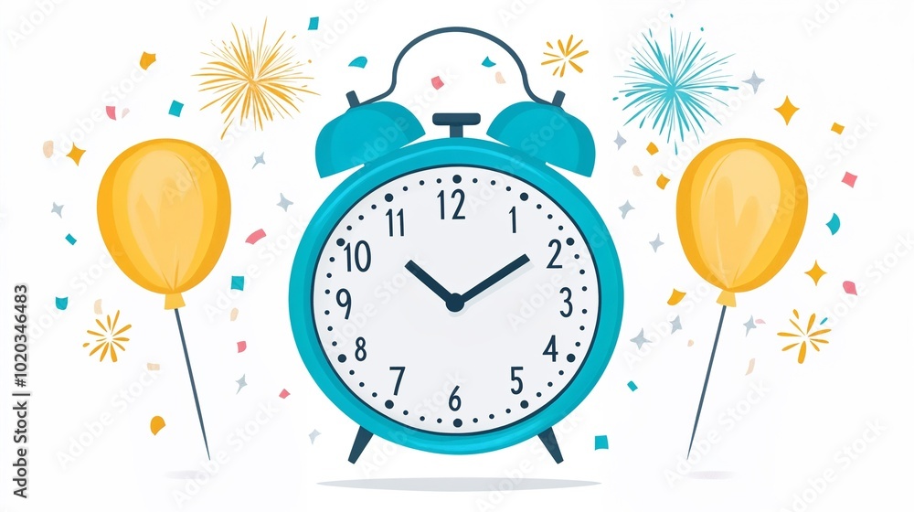 Countdown to midnight with clock, balloons, and fireworks for a festive celebration Countdown to midnight with clock, balloons, and fireworks for a festive celebration
