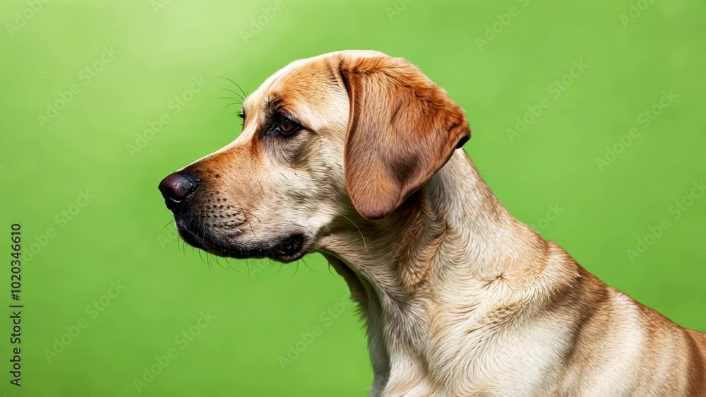 A close up profile of a Labrador dog against a soft green background, highlighting its calm expression and loyal demeanor A close up profile of a Labrador dog against a soft green background, highlighting its calm expression and loyal demeanor