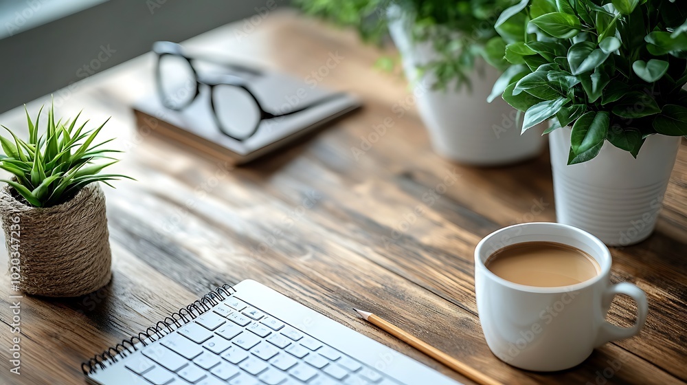 A wooden desk with a white mug of coffee, a keyboard, a pencil, a notebook, eyeglasses, and potted plants. A wooden desk with a white mug of coffee, a keyboard, a pencil, a notebook, eyeglasses, and potted plants.