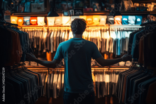 The man with his back to the camera surveys an array of vibrant clothing in a store as evening light enhances the colors and textures around him.