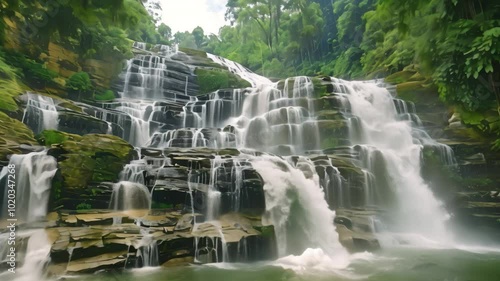 A breathtaking view of a multi-tiered waterfall flowing through a verdant forest, Breathtaking views of cascading waterfalls photo