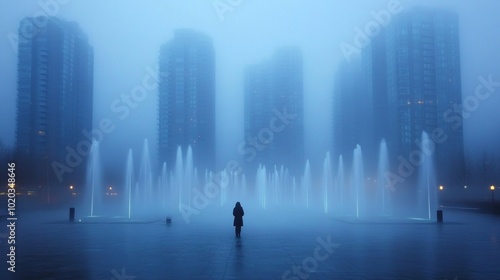 A lone figure stands amidst misty city skyscrapers and a fountain display.