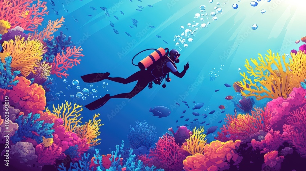 Fototapeta premium Scuba diver exploring colorful coral reef.
