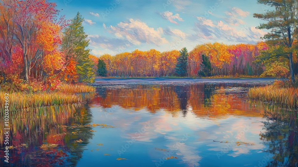 Naklejka premium Autumnal trees reflected in calm lake.