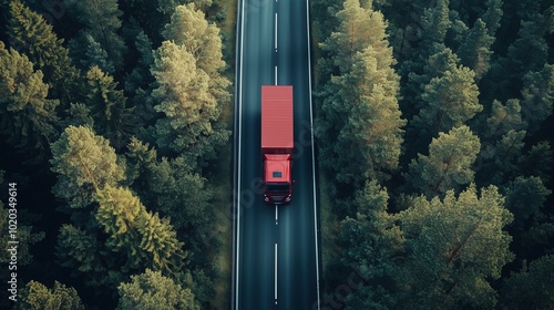 Aerial view of a truck on a forested highway, transportation theme