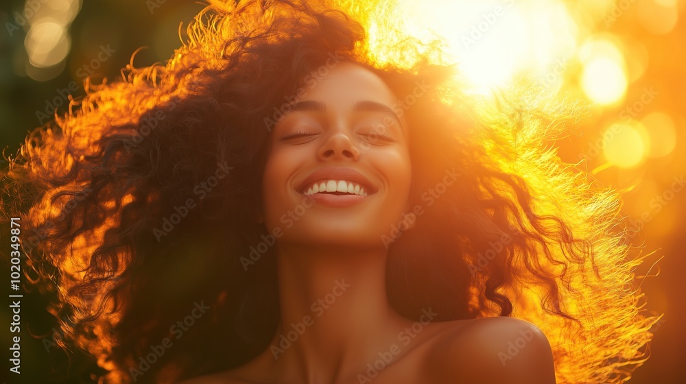 A person joyfully tossing their curly hair, with bright sunlight A person joyfully tossing their curly hair, with bright sunlight