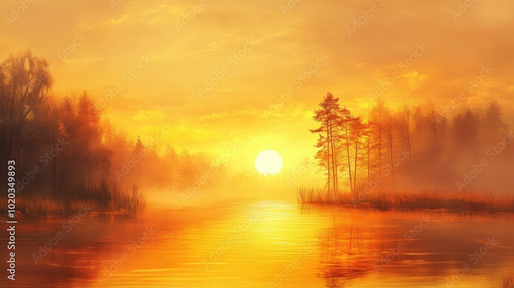 Golden sunset reflected in still water. Golden sunset reflected in still water.
