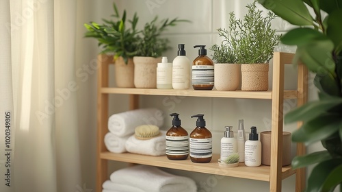 A neatly arranged shelf displaying various skincare and hygiene products