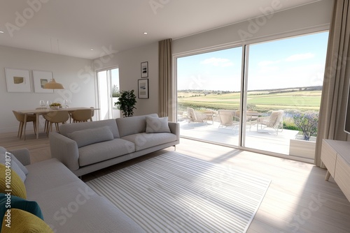 Bright Living Room with White Walls, Parquet Flooring, and Striped Carpet