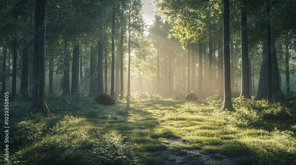 Naklejka premium Sunlit path through a misty forest.