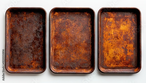 Vintage Rusty Metal Baking Sheets on White Background photo