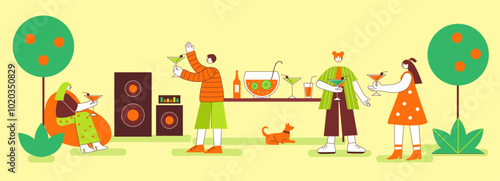 Friends gather at park for a lively party featuring colorful drinks, music, and cheerful interactions amidst a vibrant summer atmosphere.
