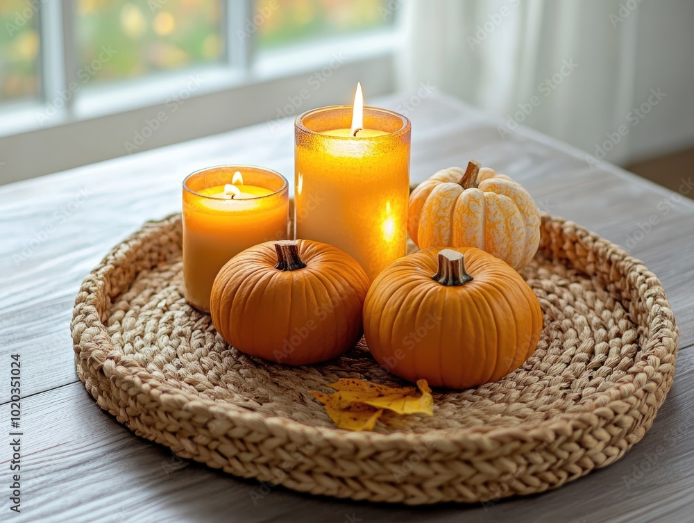 Autumn decor with candles and pumpkins on wicker tray Autumn decor with candles and pumpkins on wicker tray