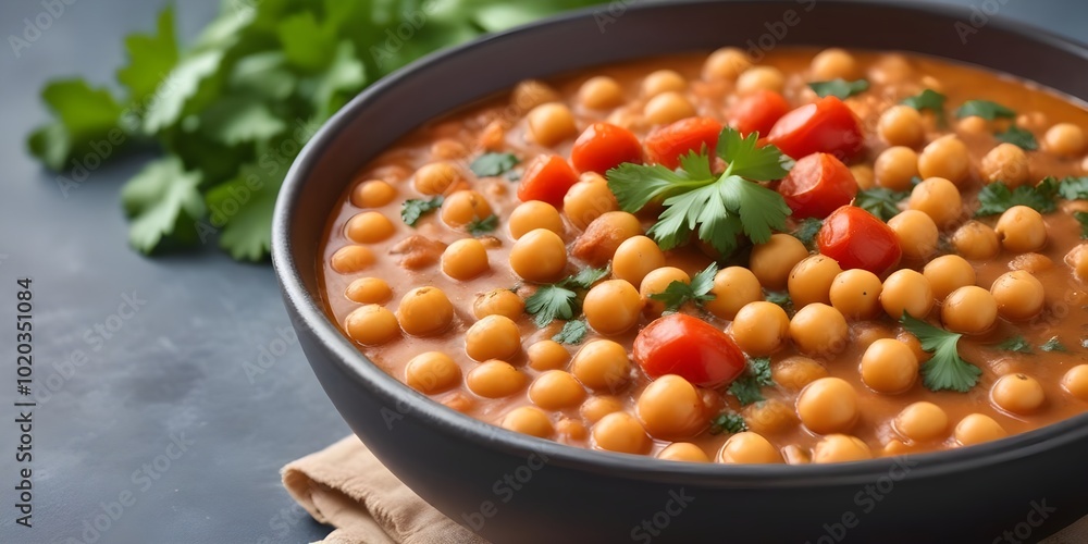 A bowl of hearty chickpea stew with tomatoes, spices, and fresh cilantro garnish A bowl of hearty chickpea stew with tomatoes, spices, and fresh cilantro garnish