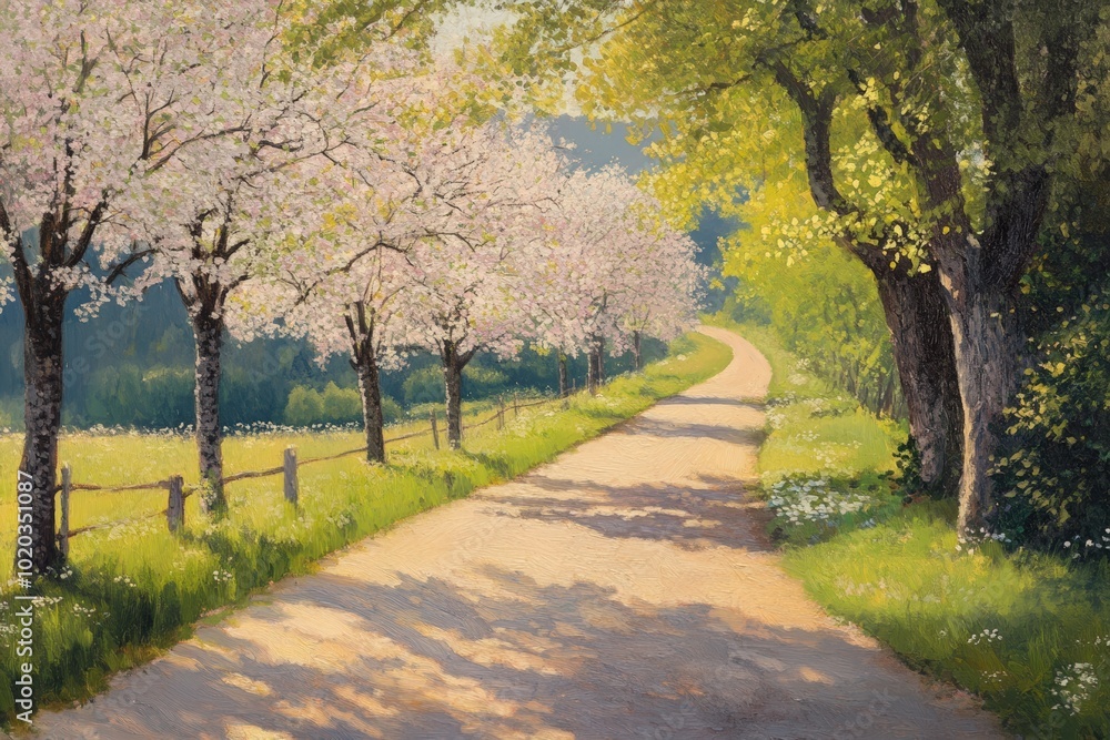 Country road lined with blooming trees. Country road lined with blooming trees.