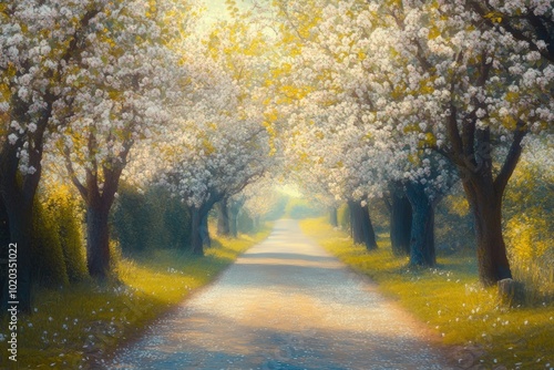 A path through a blooming orchard.