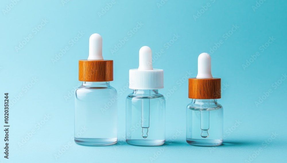 Three White and Clear Bottles: Toner with Dropper, Serum, and Cream Three White and Clear Bottles: Toner with Dropper, Serum, and Cream