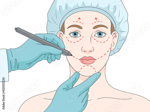 patient undergoing facial plastic surgery preparation with a surgeon marking areas for cosmetic procedures hand drawn vector illustration. Medical science educational illustration