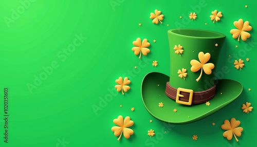 St. Patrick’s Day Hat with Shamrocks on Green Background