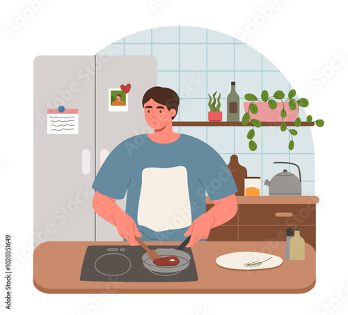 Man is cooking in a comfortable kitchen, stirring ingredients in a pan. The space is bright and inviting, featuring plants and personal touches that create a homey atmosphere.