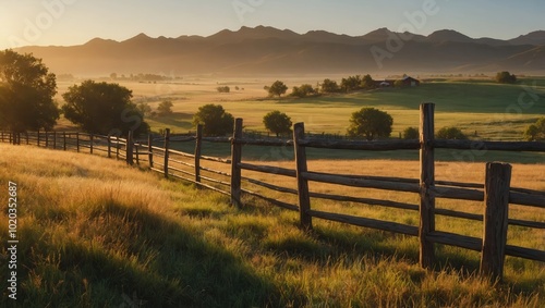 Scenic Field with Wooden Fence and Distant Mountains at Sunset