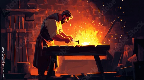 Blacksmith working with red-hot metal.