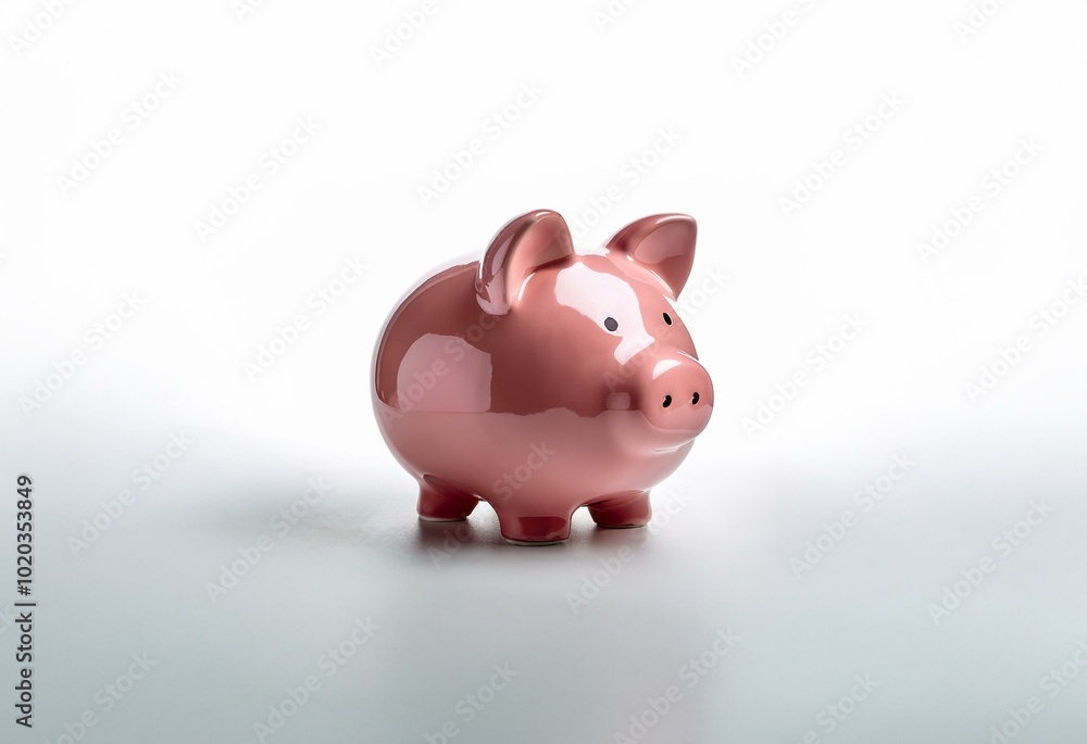 A glossy pink piggy bank sits on a white surface. A glossy pink piggy bank sits on a white surface.