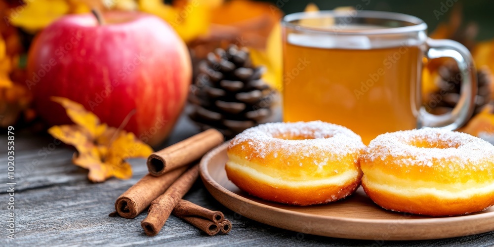 Cozy Autumn Scene with Apple-Powdered Sugar Doughnuts and Orchard-Themed Background Cozy Autumn Scene with Apple-Powdered Sugar Doughnuts and Orchard-Themed Background