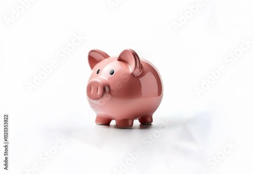 A pink ceramic piggy bank stands on a white surface.