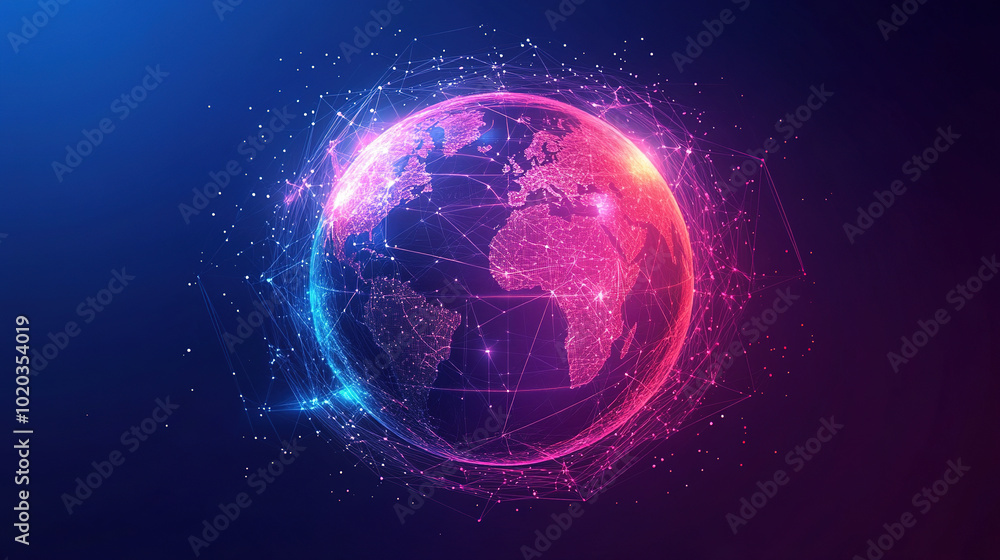 Fototapeta premium Global connectivity. Abstract digital world with glowing circuit board and globe. Digital technology. Global network concept for internet of things. Futuristic network technology. World map with tech