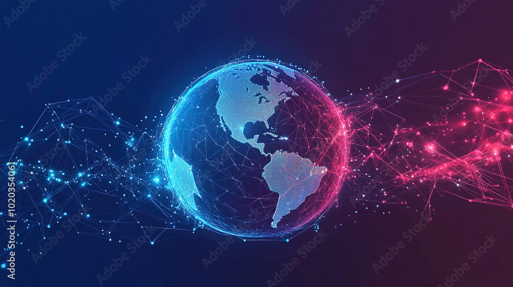 Global connectivity. Abstract digital world with glowing circuit board and globe. Digital technology. Global network concept for internet of things. Futuristic network technology. World map with tech