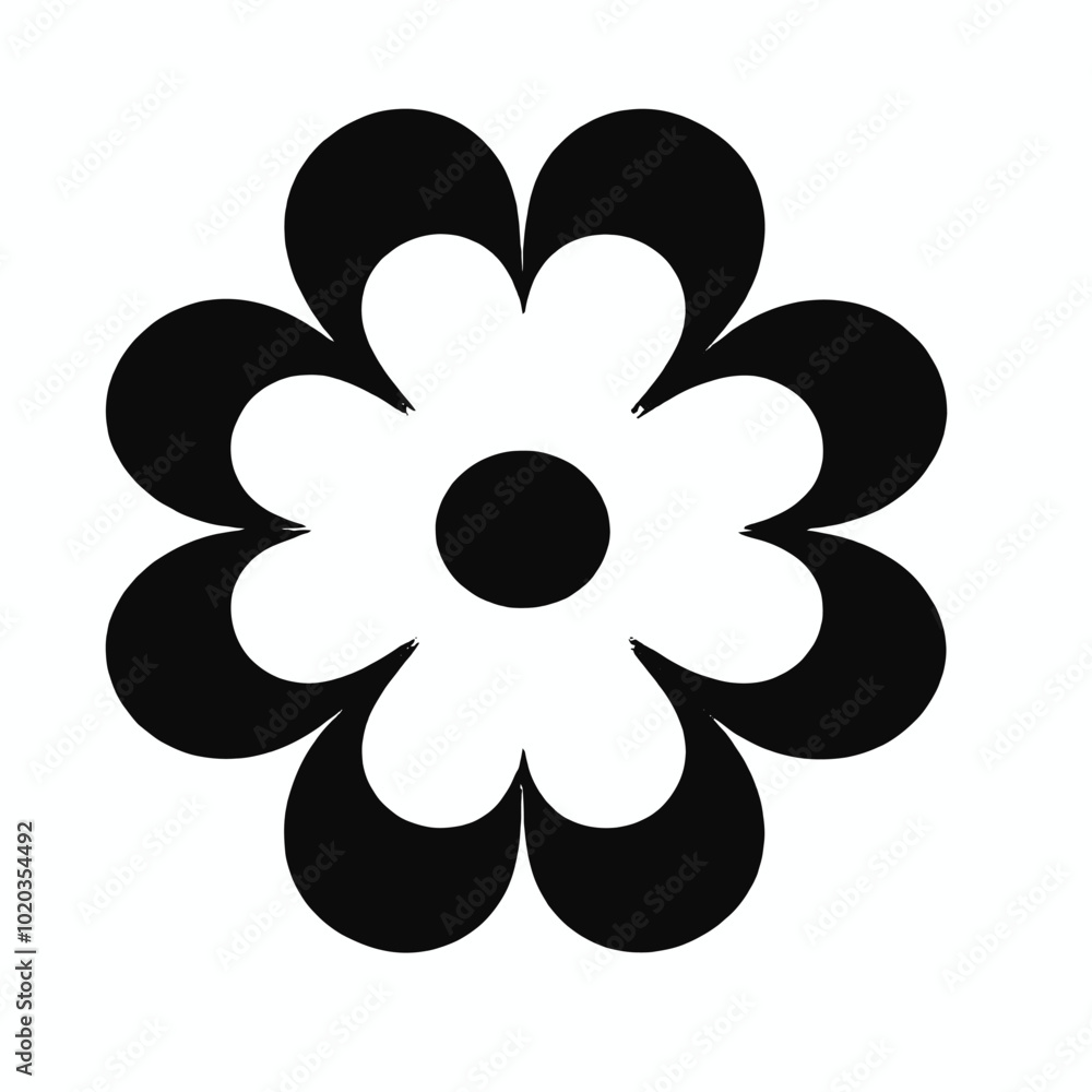A black and white image of a stylized flower with five heart-shaped A black and white image of a stylized flower with five heart-shaped