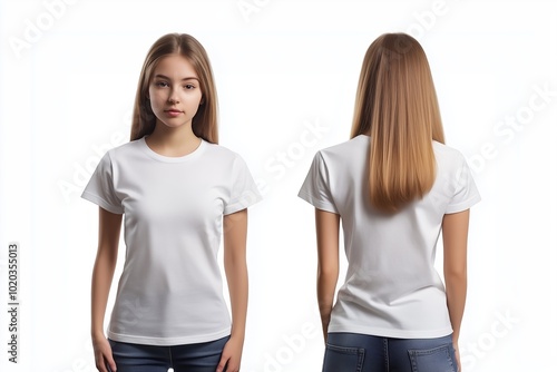 A girl poses in a simple white shirt with her back turned, showcasing a casual style