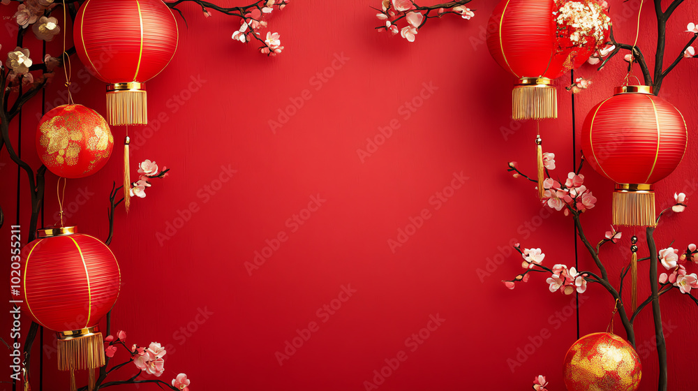 Vibrant red lanterns hang elegantly against a bold red backdrop, adorned with delicate cherry blossoms for a festive touch. Vibrant red lanterns hang elegantly against a bold red backdrop, adorned with delicate cherry blossoms for a festive touch.