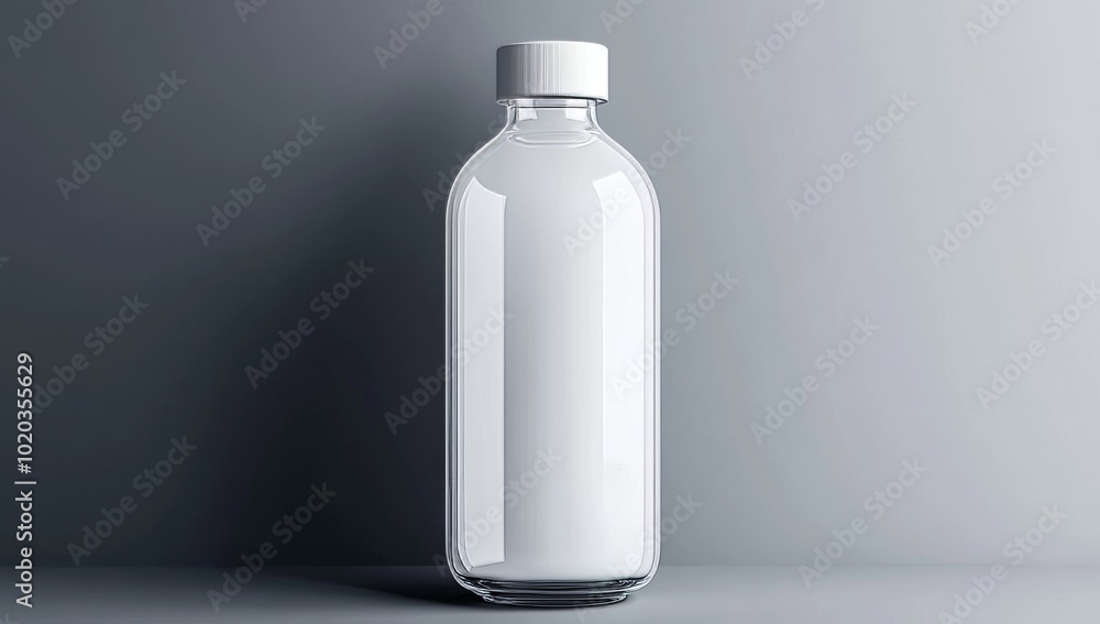Clear Glass Bottle with White Cap Mockup on Gray Background Clear Glass Bottle with White Cap Mockup on Gray Background
