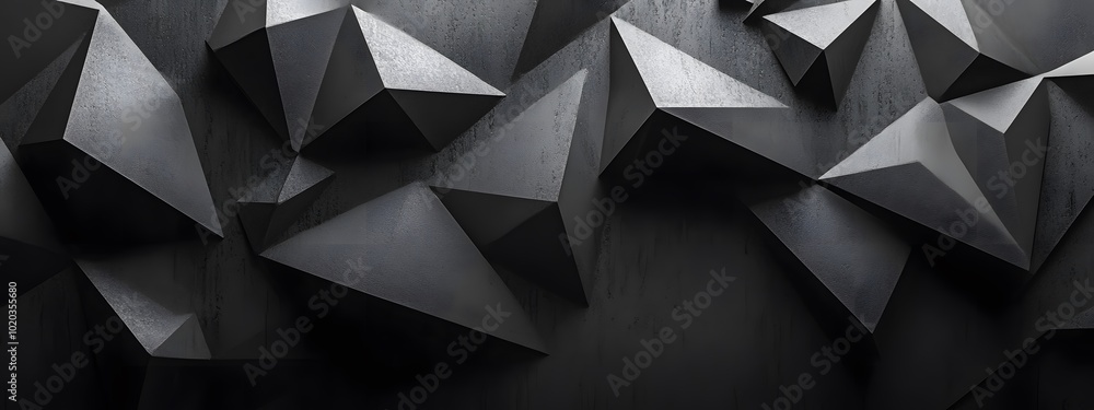 Fototapeta premium 3D low-poly background with black triangles, simple shapes, and a dark grey color