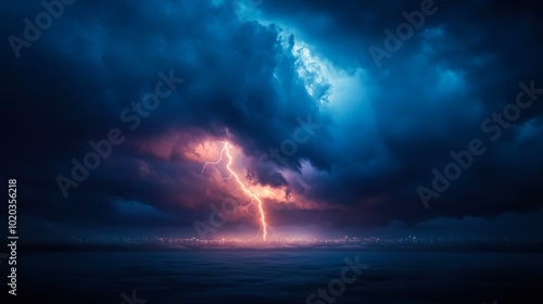 A dramatic scene showcasing a lightning bolt illuminating dark storm clouds over a city skyline, This image can be used for weather-related articles, photography projects, or artistic displays,