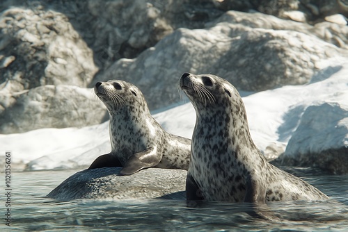 Two seals resting on a rock near the water, surrounded by a natural rocky landscape.