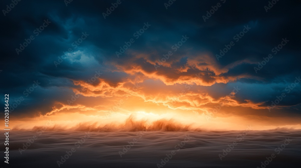 Fototapeta premium A dramatic sunset casts vibrant orange and yellow hues over a calm ocean, framed by dark, moody clouds, This image is perfect for themes of tranquility, nature, and the beauty of the environment,