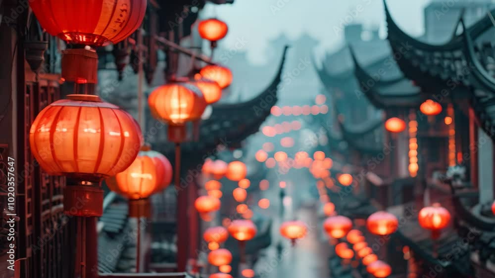 Red lanterns line the streets of a bustling Chinese city at dusk ...