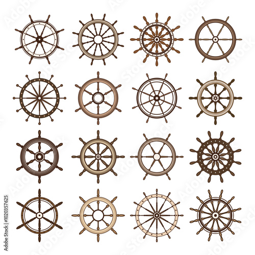 Wooden vintage steering wheels. Ship, sailboat or yacht retro wheel symbol. Brown nautical rudder icon. Marine logotype design element. Vector illustration