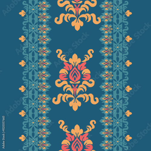 kat  floral pattern hand drawn on Sea blue tone, Motif ethnic  floral seamless textil,  embroidery, print striped ornament floral, pattern, design for wrapping, silk, scarf, background, textile