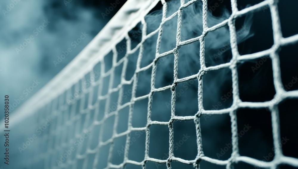 Close-Up of Volleyball Net on Indoor Court with Fog and Smoke Creating a Mystical Atmosphere Close-Up of Volleyball Net on Indoor Court with Fog and Smoke Creating a Mystical Atmosphere